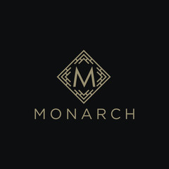 Poster - Premium linear shield monogram letter M logotype. Elegant crest leaf stamp icon vector logo. Luxury alphabet frame symbol. - Vector