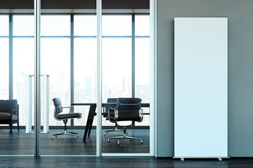 Wall Mural - Blank roll up at bright modern office. business center. 3d rendering.