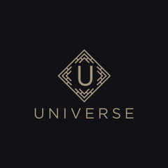 Poster - Premium linear shield monogram letter U logotype. Elegant crest leaf stamp icon vector logo. Luxury alphabet frame symbol. - Vector