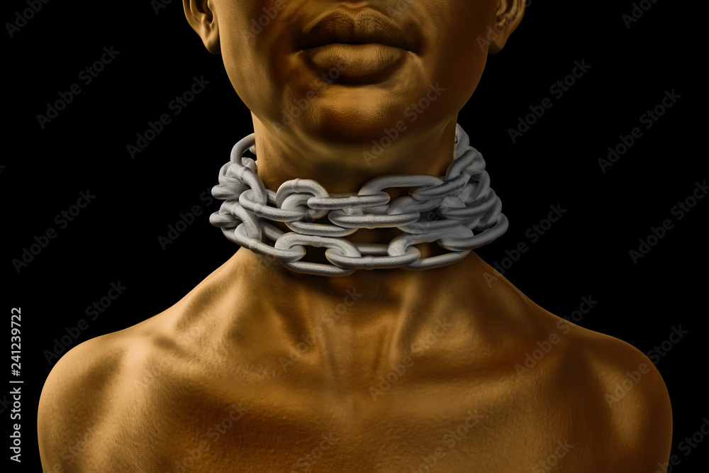 Female afro american slave with heavy chain around her neck and golf skin - obrazy, fototapety, plakaty 