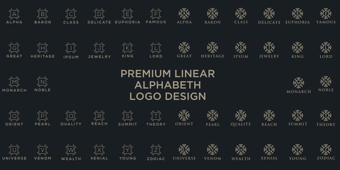 Poster - Premium linear shield monogram logotype. Elegant crest leaf stamp icon vector logo. Luxury alphabet frame symbol. - Vector