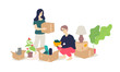 © ae - Illustration of a girl and a young man unpacking household items. Vector. Flat cartoon style. Moving to a new apartment. Cargo delivery. Husband, wife and cat pack their belongings. Banner.