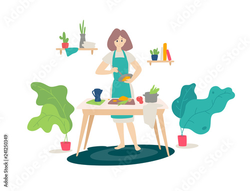 Illustration Of A Girl In An Apron Cooking In The Kitchen Flat Cartoon Style Woman At Cooking Homemade Healthy Food Healthy Lifestyle Cooking Lessons Poster Banner Stock Illustration Adobe Stock
