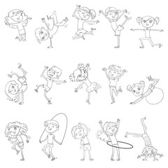 Children are engaged in different kinds of sports. Fitness. Dancing breakdance. Coloring book