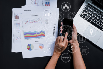 business woman hand using smartphone with digital marketing via multi-channel communication network 