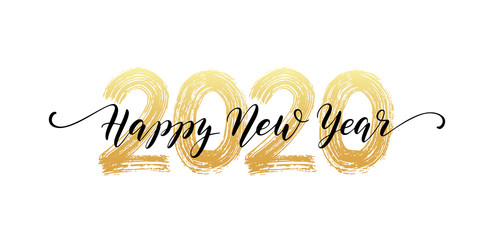 2020 Happy New Year script text hand lettering. Design template Celebration typography poster, banner or greeting card for Merry Christmas and happy new year. Vector Illustration