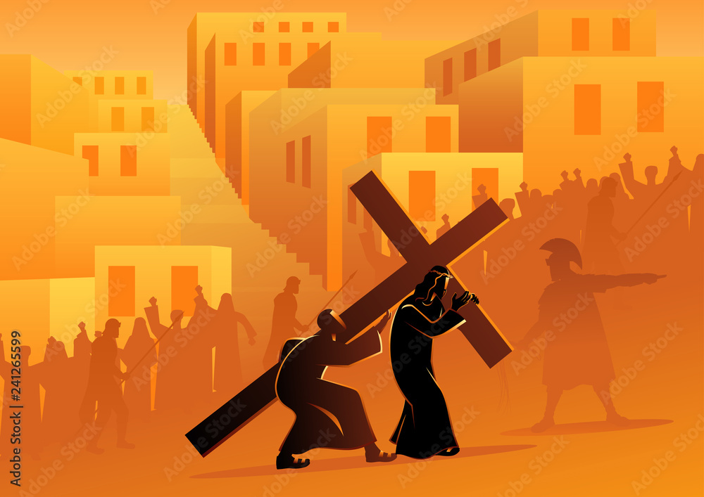Simon of Cyrene Helps Jesus Carry His Cross - obrazy, fototapety, plakaty 
