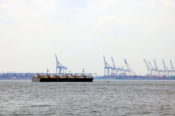 NEW YORK, USA - August 31, 2018: port in new york on a cloudy day.