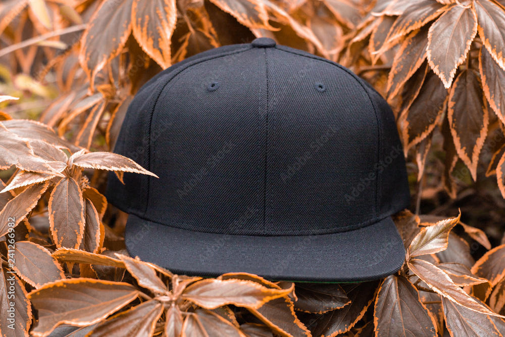 Black snapback cap flat visor in outdoor - obrazy, fototapety, plakaty 