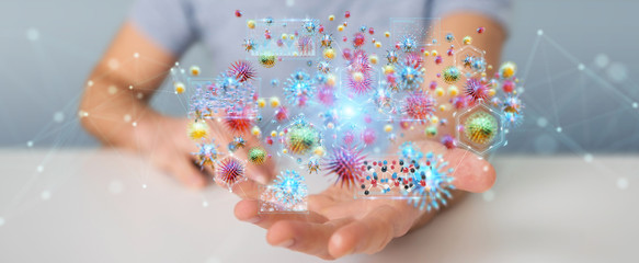 Poster - Businessman analyzing bacteria microscopic close-up 3D rendering