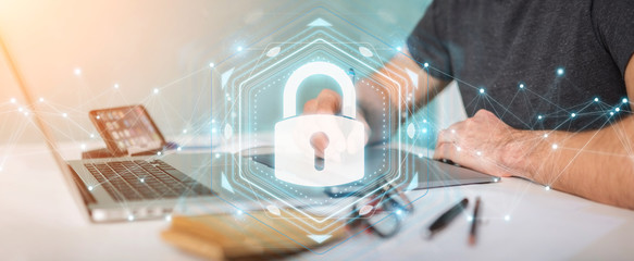 Fototapete - Graphic designer protecting his datas with security interface 3D rendering