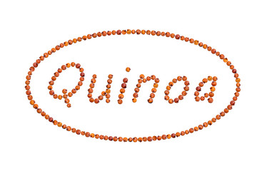 Wall Mural - The word Quinoa written with red seeds inside an ellipse shaped frame and isolated on white background