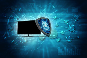 Poster - computer with shield. Isolated 3d rendering image