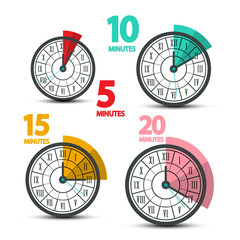 Sticker - Clock Faces Icons with Five, Ten, Fifteen and Twenty Minutes Symbols. Vector Time Design with Roman Numbers.