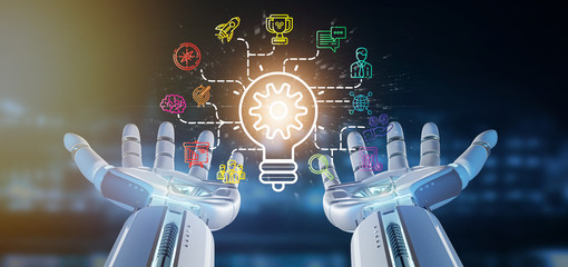 Poster - Cyborg hand holding a bulb lamp idea concept with start up icon connected 3d rendering