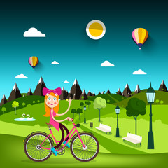 Sticker - Woman on Bicycle with Meadow on Background. Pretty Girl on Bike in City Park. Vector Nature Landscape.