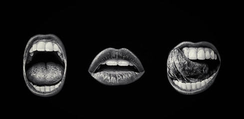 emotional lips set. passion of female open seductive mouth with lip make up. female desire. close up