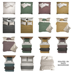 set of 15 modern monochrome and colored beds, single and double bed, pillows, headboard and blankets