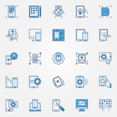 Poster - Mobile app development blue creative icons set. Vector mobile phone and tablet concept signs
