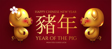 Happy Chinese New 2019 Year. Invitation Card Template With Gold Pig. Cute Character. Zodiac Sing.
