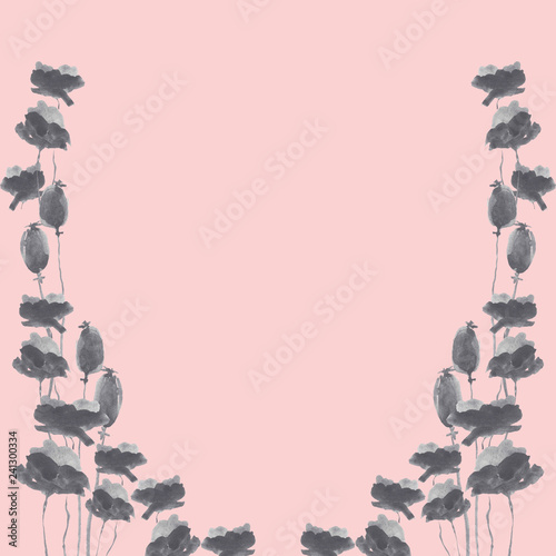 Fotografie, Obraz Hand drawn wotercolor poppies border, for design, cards and background