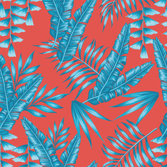  Blue tropical leaves seamless living coral background