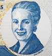Eva Peron portrait on Argentine 2 peso (2001) banknote. Powerful unofficial political leader of Argentina, wife of president Juan Peron.