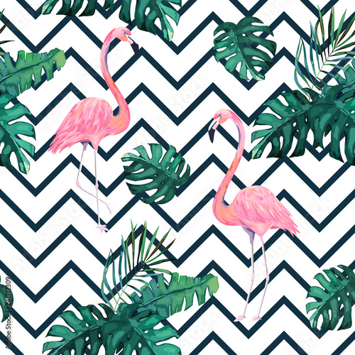 Exotic summer print. Seamless pattern with tropical leaves and flamingo. Hawa...