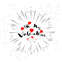 Poster - Happy Valentines Day Design Lettering Card and Typographic Background With Ornaments, Hearts, Ribbon and Arrow