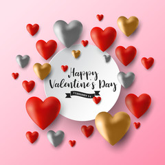 Poster - Valentine’s day sale black paper tags with 3d red,gold,silver,heart shapes and circle paper background for shopping promotion.