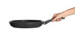 Woman holding new clean frying pan on white background