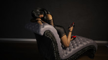 3d Illustration Of A Beautiful Woman Leaning On A Gray Settee.