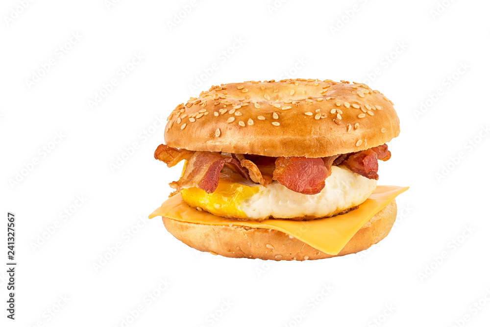Bacon, egg, and cheese breakfast sandwich on a sesame bagel, isolated ...