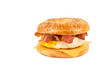 Close up on a sandwich breakfast isolated on white background. Bagel, egg, cheese and bacon.