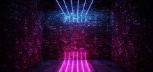 Dark Sci Fi Modern Futuristic Empty Grunge Brick Wall Room  Purple Blue Pink Glowing Lights Concrete Floor Neon Vertical Line Light Shapes Empty Space 3D Rendering
