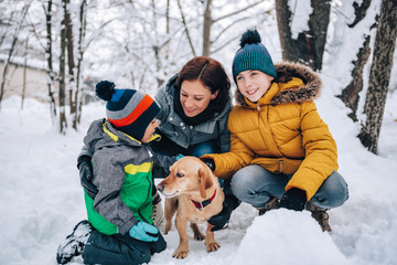 Wall Mural - Family with dog playing in the snow