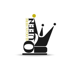 Black Flat Icon Queen With  Princess Crown Silhouette. Vector Minimal Illustration Of Dark Logo And Yellow Text For Shop, App Store, Elegant Boutique, Beauty Saloon Emblem