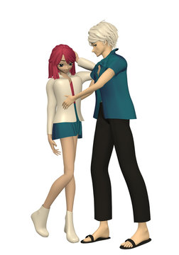 pretty anime loving couple hugging each other with loveful looks. 3d rendering