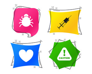 Poster - Bug and vaccine syringe injection icons. Heart and caution with exclamation sign symbols. Geometric colorful tags. Banners with flat icons. Trendy design. Vector