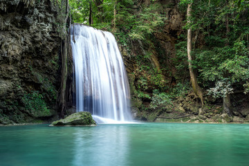 Wall Mural - Erawan water fall (Third floor), tropical rainforest at Srinakarin Dam, Kanchanaburi, Thailand.Erawan water fall is  beautiful waterfall in Thailand. Unseen Thailand