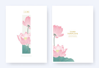 Wall Mural - Minimalist floral invitation card template design, pink lotus flowers and leaves in light grey rectangle on white background, pastel vintage theme