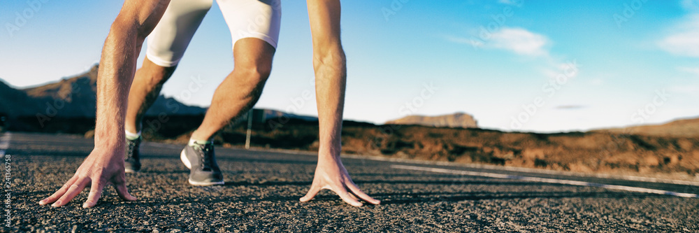 Start athlete ready to run competition waiting for starting sprinting. Fitness challenge for new year -banner panorama. Ready for success.