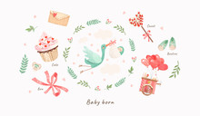 Cute Illustration Of A Stork With A Baby In A Flower Frame, Vector Isolated Objects For Congratulations On A Newborn
