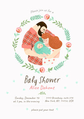 Wall Mural - Baby Shower Invitation template with cute illustration of a happy family with a small baby in a flower frame, vector isolated objects for congratulations on a newborn