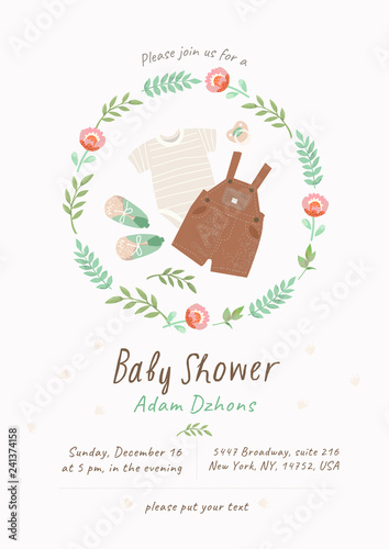 Baby Shower Invitation Template With Cute Illustration Of Baby Clothes For A Child Slip Romper Booties Nipple In A Flower Frame Vector Isolated Objects For Congratulations On A Newborn Buy This