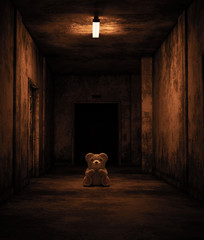 Wall Mural - Teddy bear sitting in haunted house,Scary background for book cover