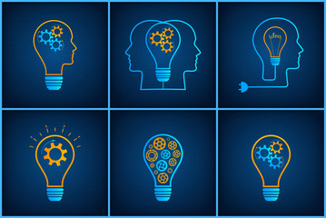 Gear lightbulb creative teamwork concept set vector illustration. Orange bulb silhouette with blue cogwheel inside innovation ideas graphic collection. technology background creative business concept