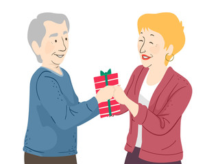 Wall Mural - Senior Couple Gift Giving Illustration