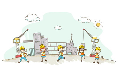 Poster - Stickman Kids Construction Buildings Illustration