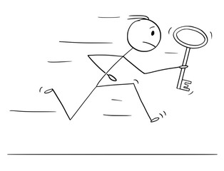 Sticker - Cartoon stick drawing conceptual illustration of man or businessman running with big key as problem solution metaphor.